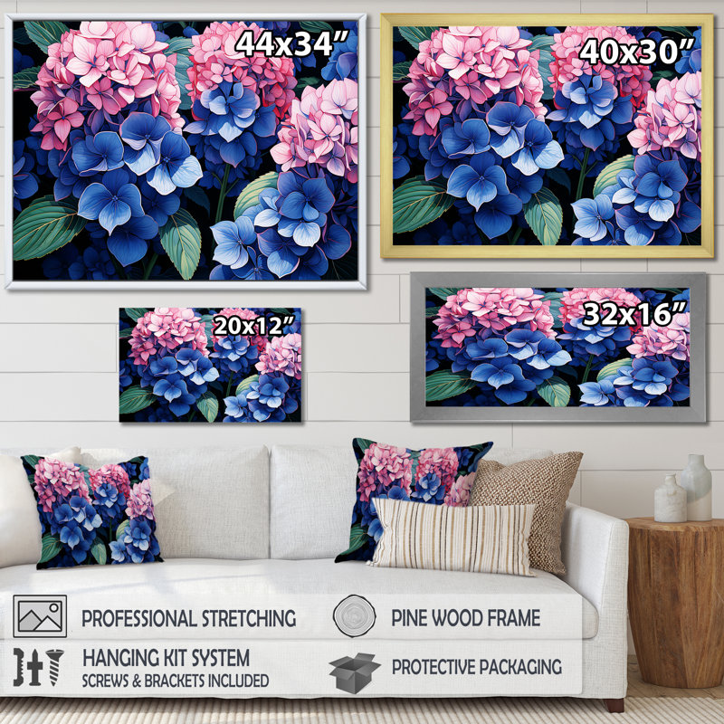 Rose et mauve, fleurs d'hortensia harmonie I - art mural hortensia, Toile tendue, H 30 po x l 40 po x P 1,5 po