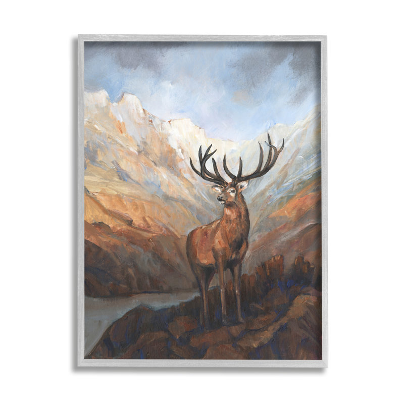 Chevreuil sauvage à couper le souffle vue sur la montagne - Peinture, H 14 po x l 11 po x P 1,5 po