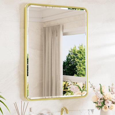 Brushed Gold Framed Vanity Mirror 24 x 32 Beveled Edge Tempered Glass, Rounded Corner Rectangle Bathroom Mirror for Over Sink for Modern Bathroom, Living Room, Bedroom, Entryway