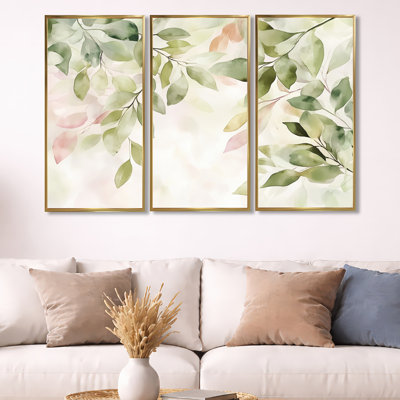 Blush Botanical Leaves In Spring I – Abstract Canvas Wall Art Print Set of 3