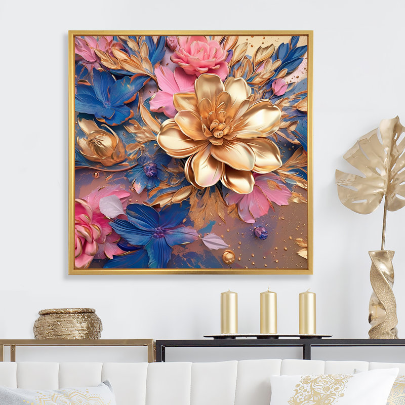 Reproduction sur toile pivoines roses et feuilles dorées I - Pivoines_105705, H 16 po x l 16 po x P 1 po, Cadre flottant doré