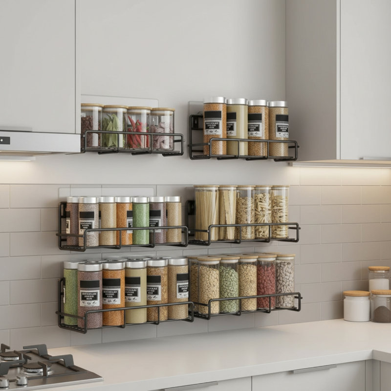 Ensemble de 6 étagères à épices murales pour cuisine et garde-manger, tablettes en métal avec crochets adhésifs, noir