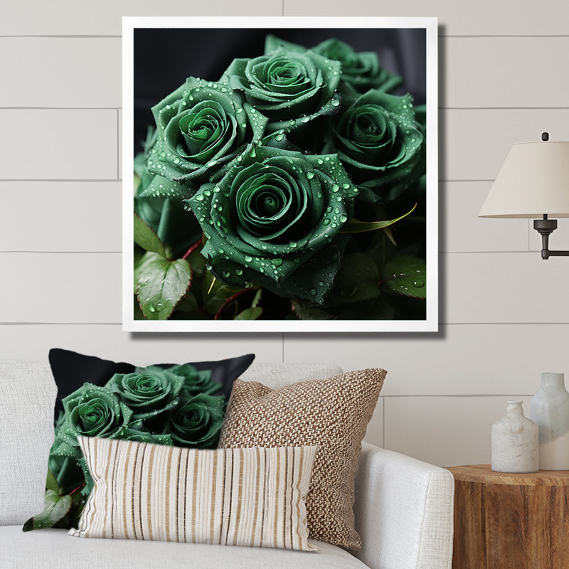«Realistic Green Roses Bloom», impressions sur toile roses, Cadre simple blanc, H 36 po x l 36 po x P 1,5 po