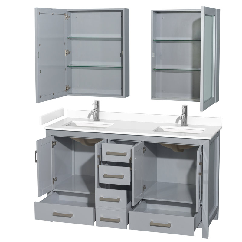 Sheffield 60" Bathroom Vanity Set with Medicine Cabinets, White Cultured Marble, Gray