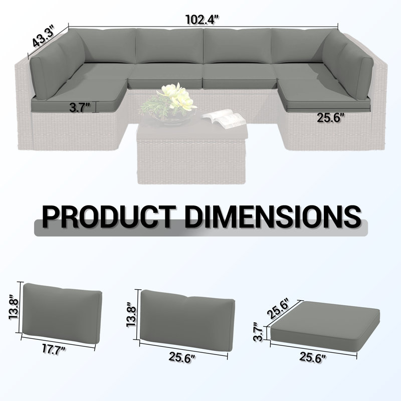 Outdoor Replacement Cushions 14-Piece Deep Seat Water-Resistant Patio Furniture Cushions for 6-Seat Sectional Rattan Sets, Grey
