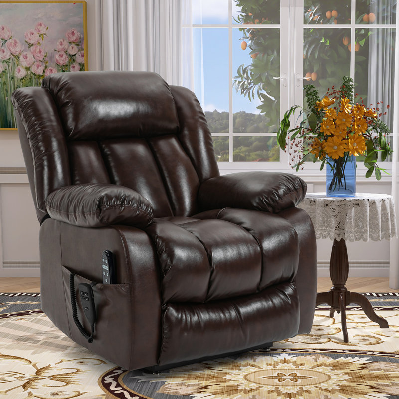 Annettia 36.22" W 180° Flat Lay Genuine Leather Match Power Recliner, Massage Heater Lifting Chair, Brown