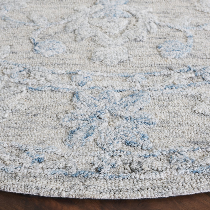 Tapis gris / bleu en laine / coton touffeté à la main Marquee 505, Rond 6 pi