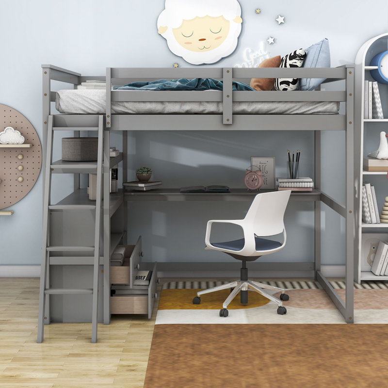 Garance Kids Full Loft Bed with Drawers, Gray