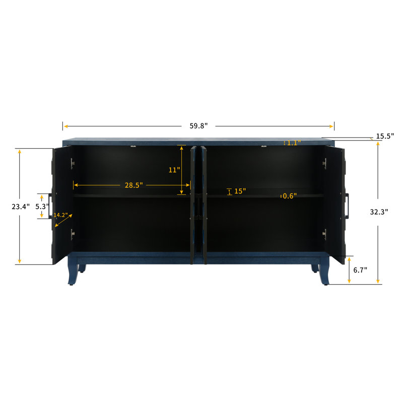 Élégante armoire de rangement en bois à 4 portes avec rayures laquées 3D et conception stable, Blue