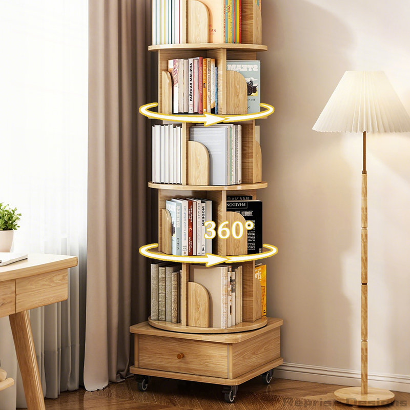 360° Display Round Spinning Rotating Bookshelf with Wheels and Drawer, (6 Shelves) 68.11"H x 18.11"W x 18.11"D, Oak