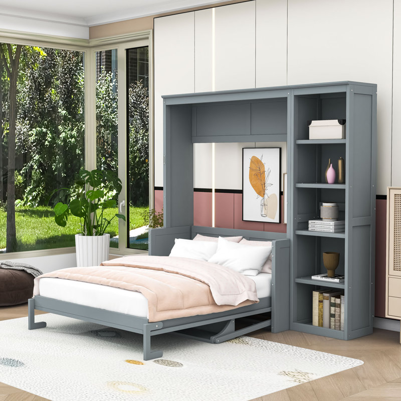 Lit escamotable avec bureau et bibliothèque Murphy, gris, Double