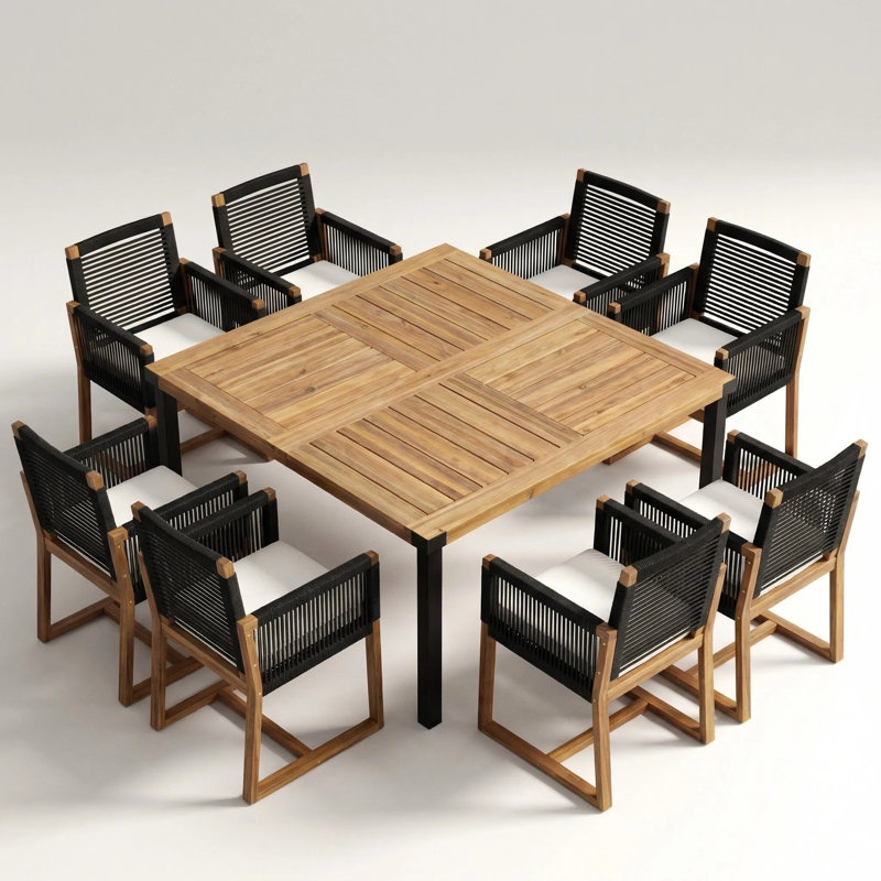Sharp 9-Piece Modern Industrial Acacia Wood Patio Dining Set With Rope-Woven Armchairs And Acacia Top Iron-Leg Table