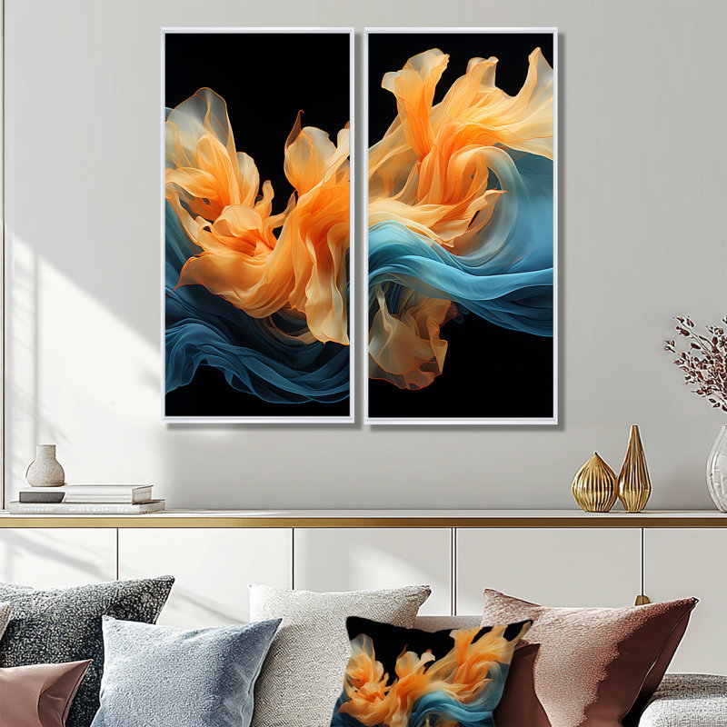 Encre liquide orange vif et turquoise - décoration murale moderne, 40" H x 40" W, Impression encadrée flottante, White