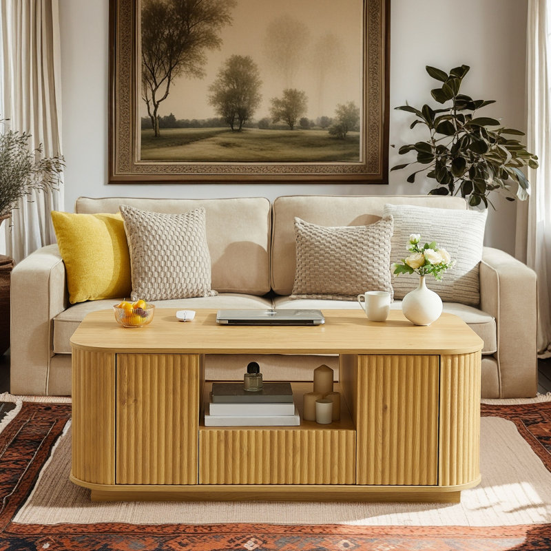 Table basse ovale moderne avec rangement, Naturel