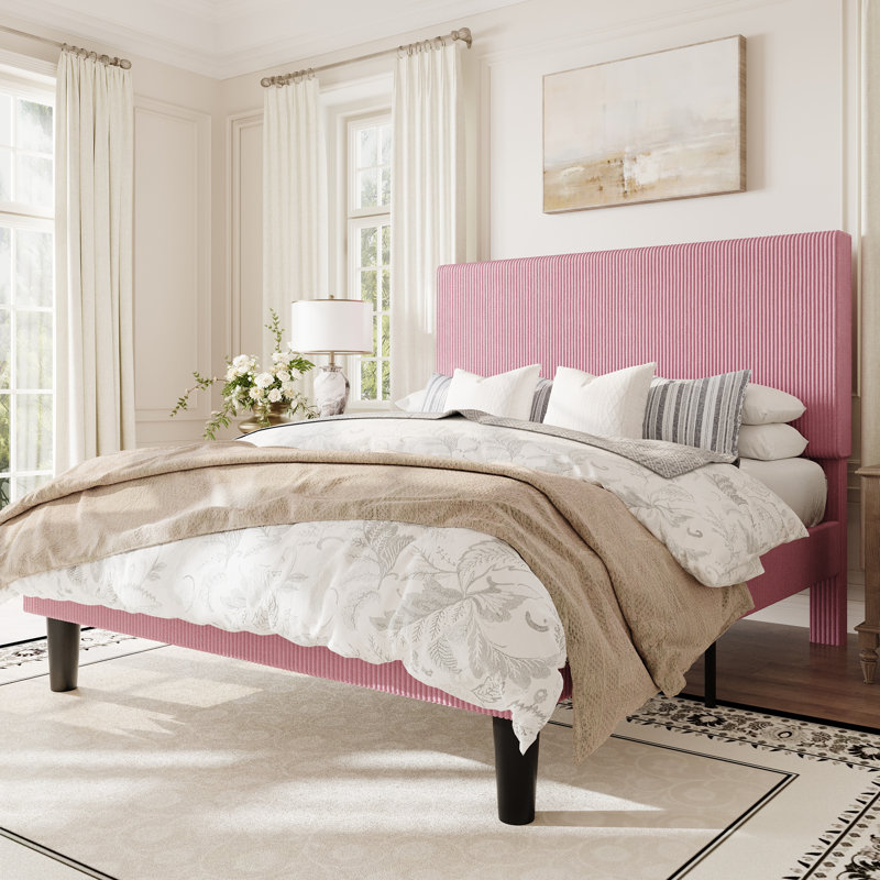 Modern Corduroy Platform Bed With Adjustable Headboard,Maximize Space With Under-Bed Storage,No Box Spring Required, Queen