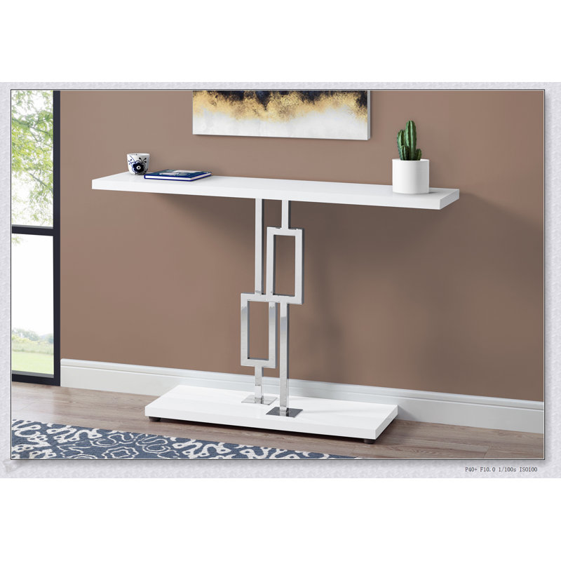 Console étroite en stratifié blanc brillant avec base en métal chromé, parfaite pour les vestibules et les canapés