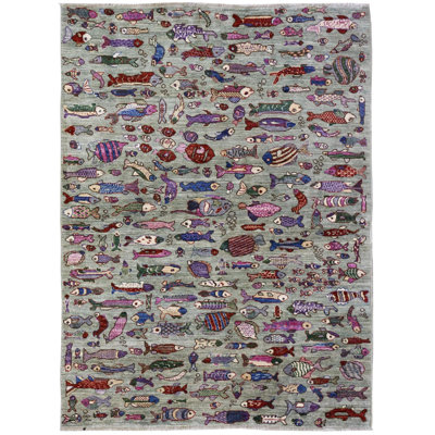 Small Fish One-of-a-Kind 5'1" X 6'10" New Age Wool Area Rug in Green