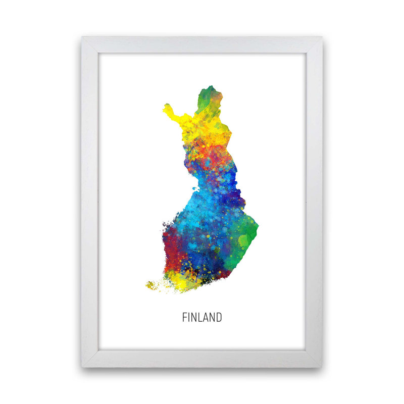 Finland Watercolour Map by Michael Tompsett - Print, White Framed, 34cm H x 25cm W x 3cm D