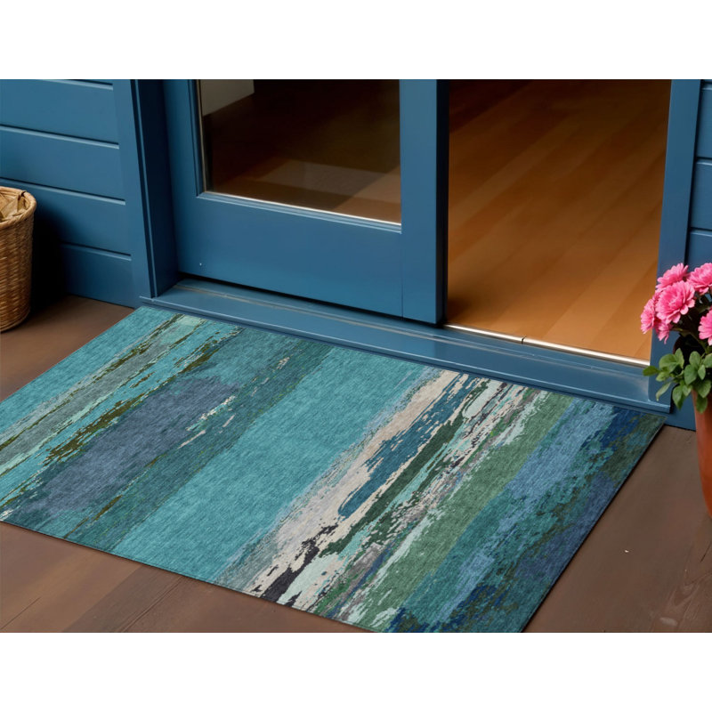 3' X 5' Teal Blue Abstract Washable Indoor Outdoor Area Rug