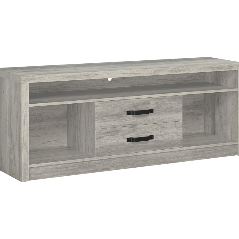 Meuble télé en bois d'ingénierie avec abat-jour en bois flotté gris, deux tiroirs pour un grand espace de rangement, style rustique vieilli et finition lisse, complète les meubles, 2 tiroirs avec une finition de 23,5 pouces de hauteur,