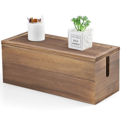 Cable Management Box, Wooden Cord Organizer Box For Desk, Floor, Office To Hide Extension Cords Power Stripes Surge Protectors Chargers Wires, Burnt Wood