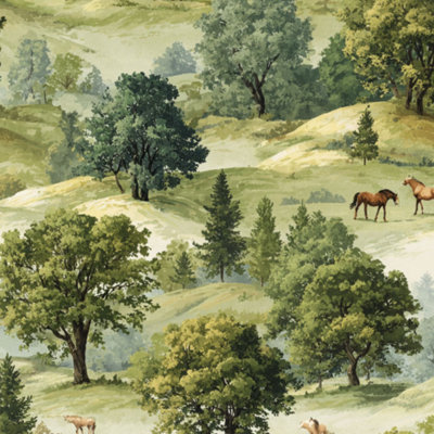 Papier peint adhésif repositionnable, motif peinture à l'huile vintage, paysage champêtre français, forêt, arbre, cheval. Décoration murale amovible et autocollante pour chambre, cuisine et placards. 45 cm x 300 cm.