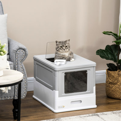 Gray Hooded Cat Box - Easy To Maintain, Odor- Potty With Front Entry & Top Exit Spacious, Foldable, Clean