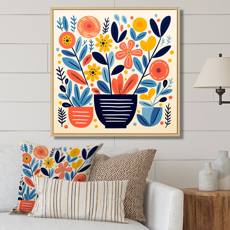 Vase bohémien jaune et bleu, poterie en fleurs I - Boho Pottery, art mural sur toile, Cadre flottant brun, 36" H x 36" W