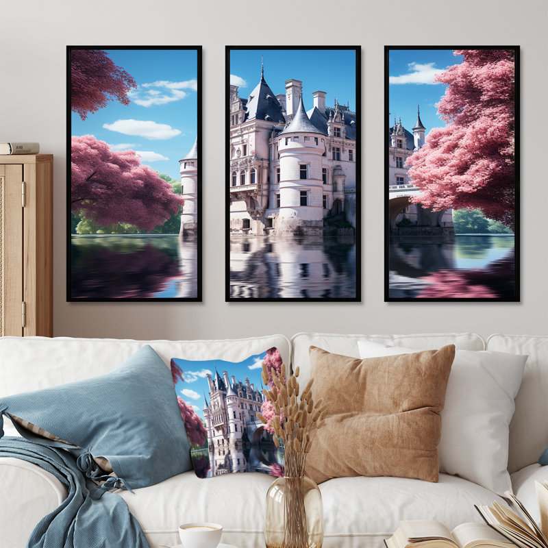 Château français, ensemble d'art sur toile, Cadre flottant noir, H 32 po x l 48 po x P 1 po