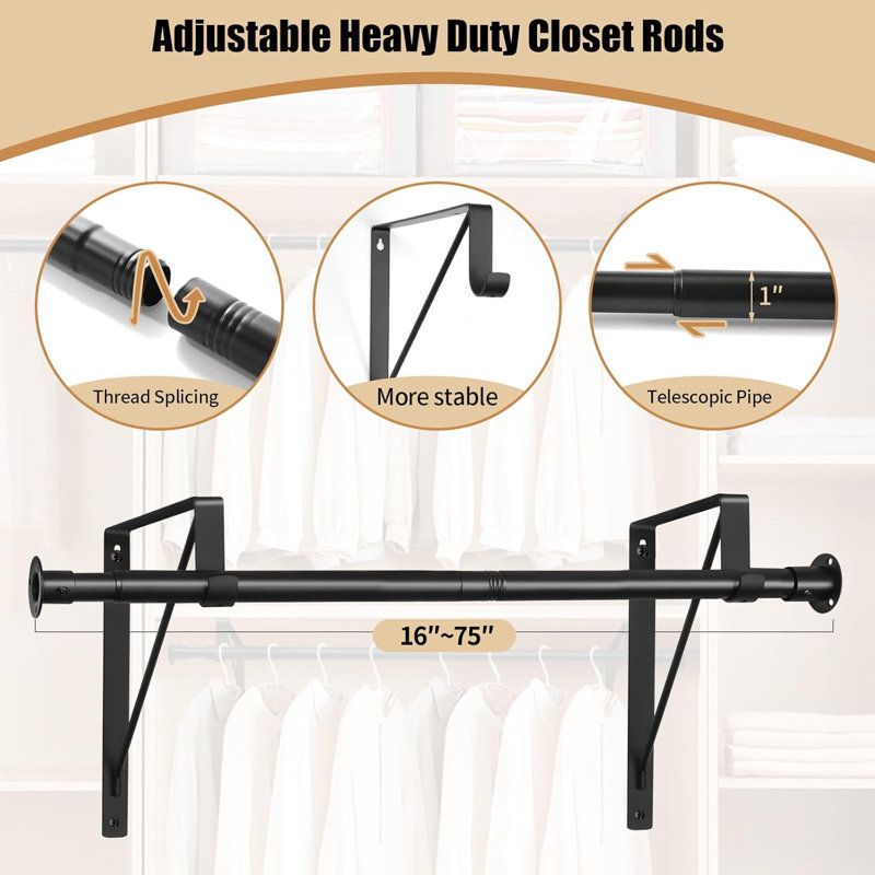 Tringle de garde-robe, tringle à vêtements ajustable robuste de 16 à 75 pouces (tablette non incluse) (noir)