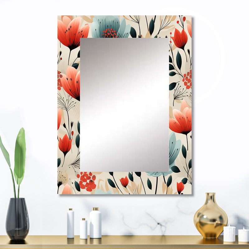 Deborha Vintage Romance Red Floral Bliss - Floral Wall Mirror, Floral Decorative Mirror, Printed Metal Art, 32" x 24"
