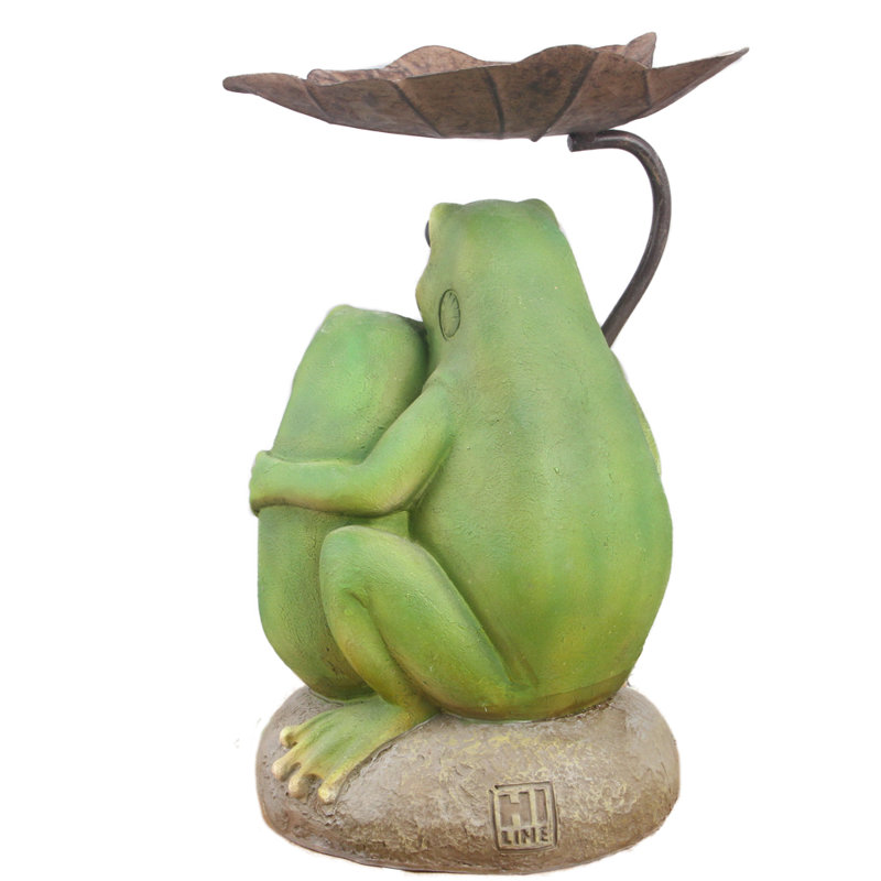 Green and Gray Resin Frog Couple Garden Statue with Leaf Umbrella
