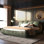 Très grand lit tapissier avec structure en bois massif, aucun sommier nécessaire pour une tête de lit plateforme luxueuse et durable