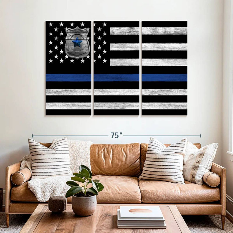 Police, ligne bleue, drapeau des États-Unis sur toile, ensemble de 3 pièces, H 42 po x l 65 po x P 1,25 po