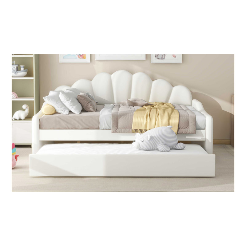 Full Size Upholstery Daybed Frame with Shall Shaped Backrest and Trundle, White