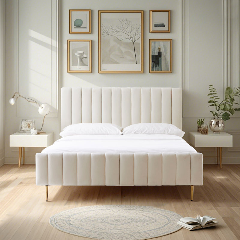 Velvet Upholstered Wooden Modern Platform Bed Frame with Headboard Footboard, No Box Spring Needed, Queen, Ivory