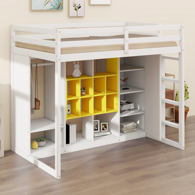 Lit mezzanine en bois avec garde-robe, tablettes et armoire, Blanc / jaune, Lit simple