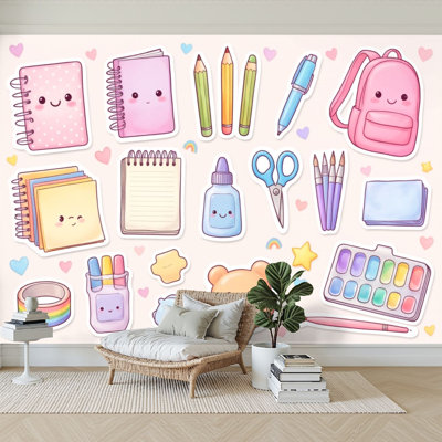 Peel and Stick Wallpaper 96" W x 69" H Modern Self Adhesive Wall Mural for Bedroom Cute Kawaii Stationery Set Colorful Office Supplies Back to