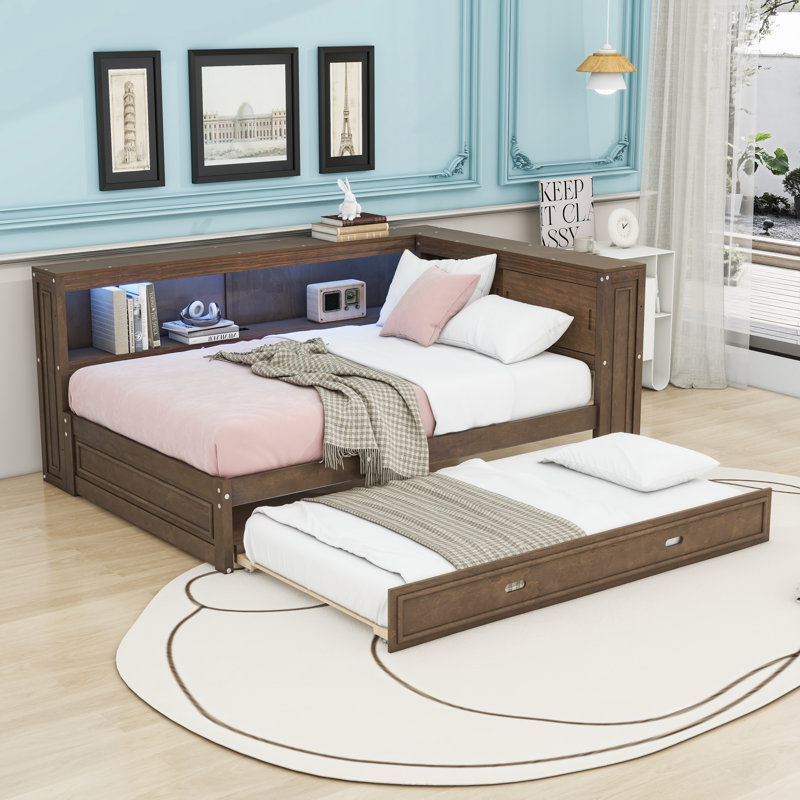 Lit de jour double en bois avec DEL, USB, tablettes de rangement et lit gigogne simple, Bois antique