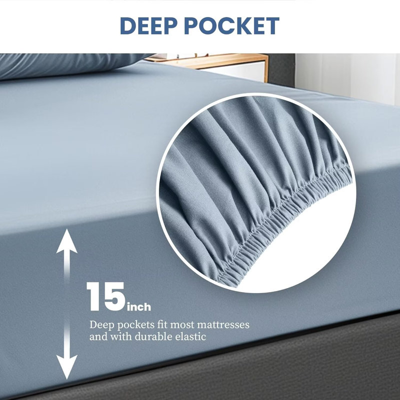 Ensemble de draps simple de luxe, ensemble de literie en microfibre 4 pièces, poche profonde de 15 pouces, draps respirants et rafraîchissants, résistant à la décoloration et au rétrécissement, luxe hôtelier