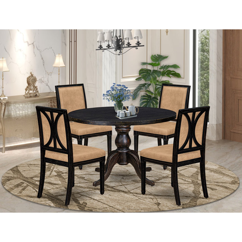 Ensemble de table de cuisine 5 pièces avec 4 chaises rembourrées et une table en bois, noir sablage, Sand Blasting Black