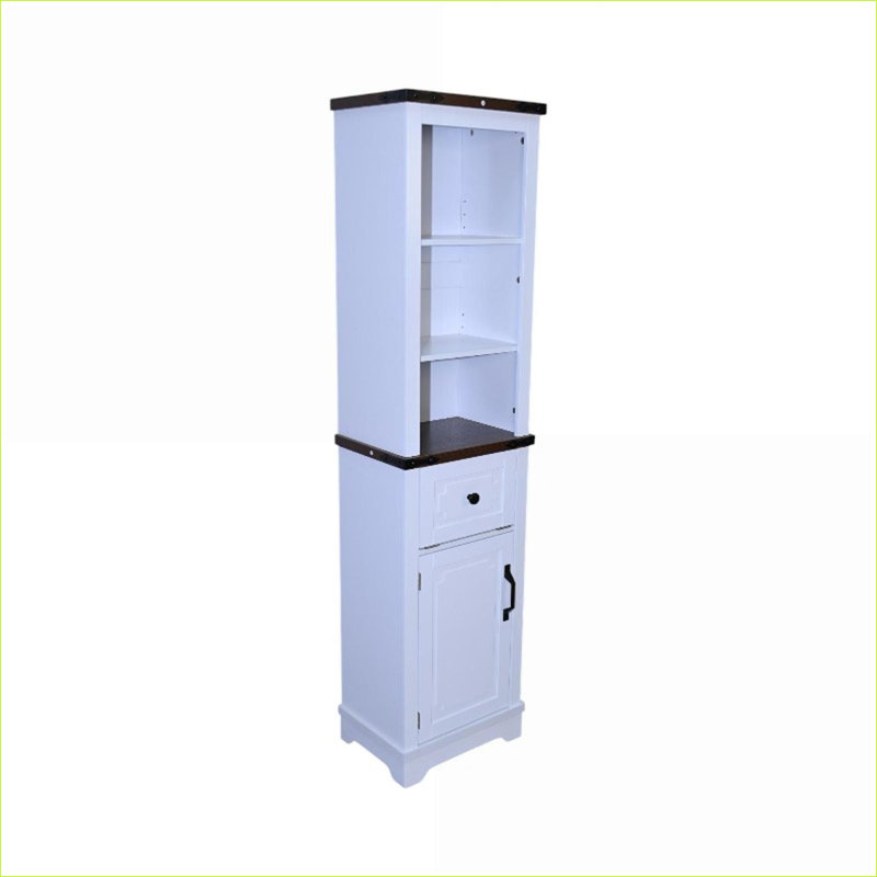 Cabinets | Tall Narrow Farmhouse Storage Cabinet with Adjustable Shelves &amp; Drawer, Off-White Body Walnut Brown Top, for Living Room | Particle Board+MDF | Bathroom