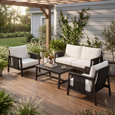 Ensemble de canapé d'extérieur 4 pièces avec causeuse, 2 fauteuils club et table basse - Structure en bois d'acacia, textilène et coussins hydrofuges (finition teck)