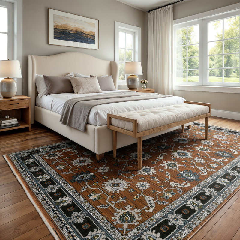 Tapis oriental rouille / gris à bordure Edgette, Rectangle 5 pi 3 po x 7 pi 9 po