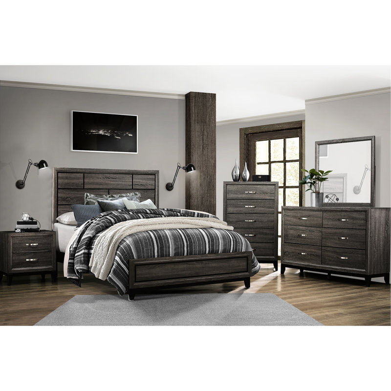 Table de chevet de chambre à coucher en gris: 2 tiroirs, faux bois, poignées polies grises avec tiroirs et base en bois d'ingénierie