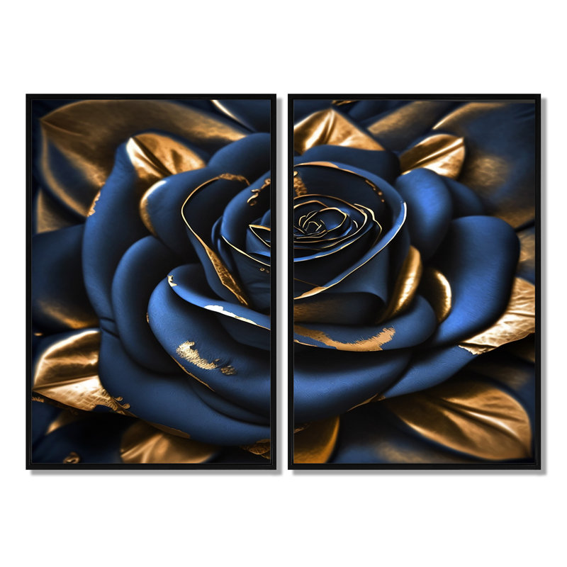 Gilded Rose In Kings Blue II - impressions sur toile rose, Impression encadrée flottante sans passe-partout, Noir