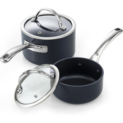 Cooks Standard Classic 1 Quart and 2 Quart Nonstick Saucepan Set with Glass Lids, Hard Anodized Non Stick Sauce Pans, Small Kitchen Cooking Sauce Pots Mini Milk Pans, Dishwasher Safe Cookware, Black