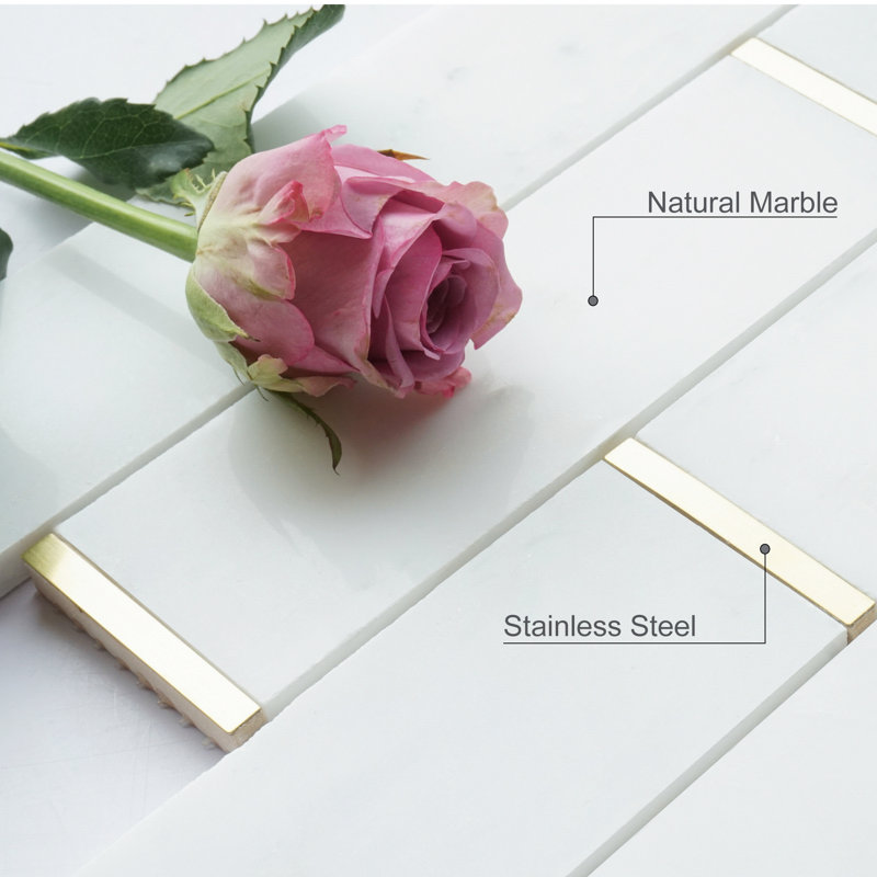 Natural Bianco 2" x 6" Marble Brick Joint Mosaic Wall Tile, Gold/White