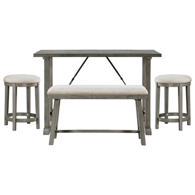 Table de salle à manger à hauteur de comptoir 4 pièces pour salle à manger - table en placage gris, banc et 2 tabourets, tabourets industriels rembourrés en tissu texturé avec rembourrage en mousse à 100%
