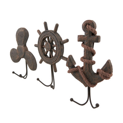 Foscot Nautical Cast Resin and Metal Wall Hooks with Weathered Brown Anchor, Propeller and Ship Wheel — Set of 3, 7.5 X 5.25 X 1.75 Inches